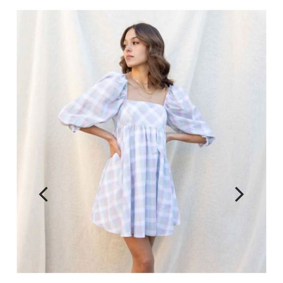 ✨NWT✨STORIA✨PASTEL PLAID PUFF-SLEEVEST BABYDOLL MINI DRESS - Picture 5 of 14